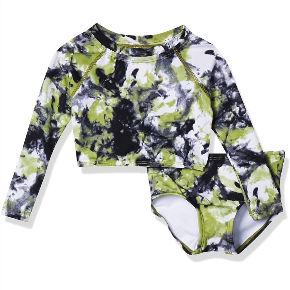 NEW! Long Sleeve Rashguard UPF 50+ Two Piece Swim Set Seafoam Black Crop Size 2T